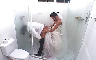 Lewd shemale bride stuffing her rod up groom