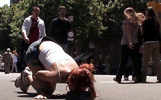 Beautiful redhead tied up, stripped bare, and fucked on the streets