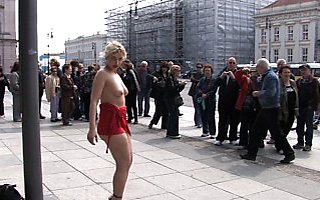 Hot European blond fucked and humiliated, big cock blow job in public, tourists laughing at her.