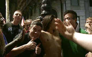 Beautiful Spanish girl is tied up and stripped down in public, then fucked hard and made to jerk off strangers!!!!