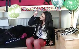 Drunk college girl stripping off her sexy uniform & lingerie as she does!